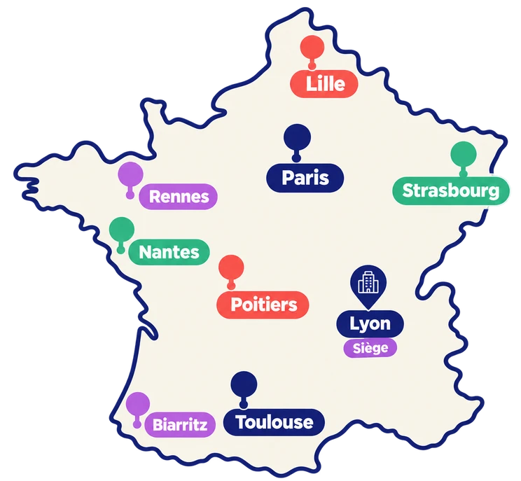 Carte de France situant les 9 antennes de Yeeso.