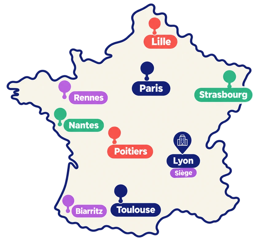 Carte de France situant les 9 antennes de Yeeso : Lille, Strasbourg, Rennes, Paris, Nantes, Poitiers, Lyon, Toulouse et Biarritz.